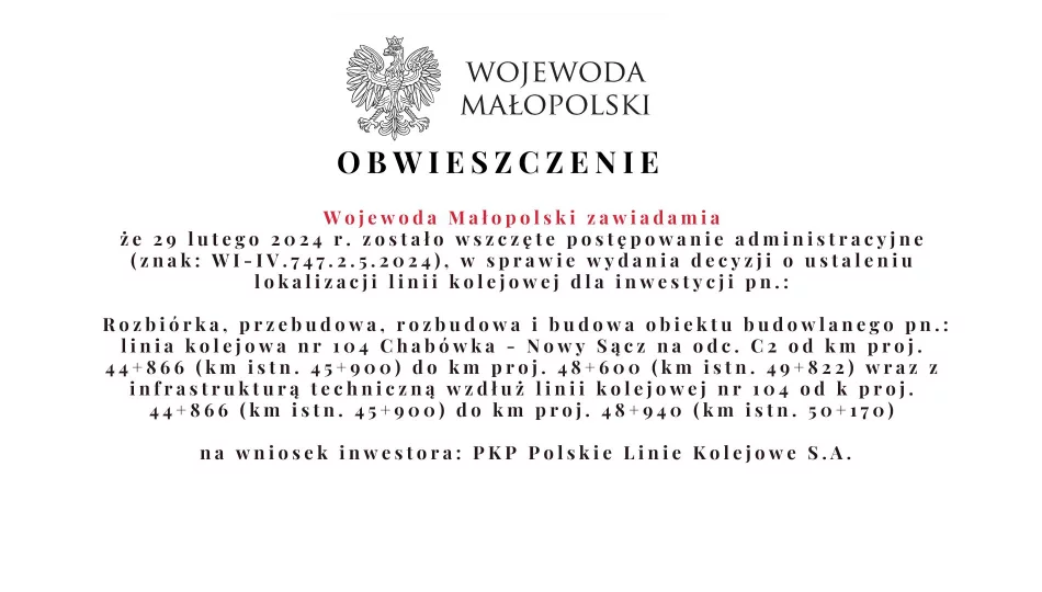 Obwieszczenie Wojewody Małopolskiego ws. wydania decyzji o ustaleniu lokalizacji linii kolejowej - zdjęcie 1
