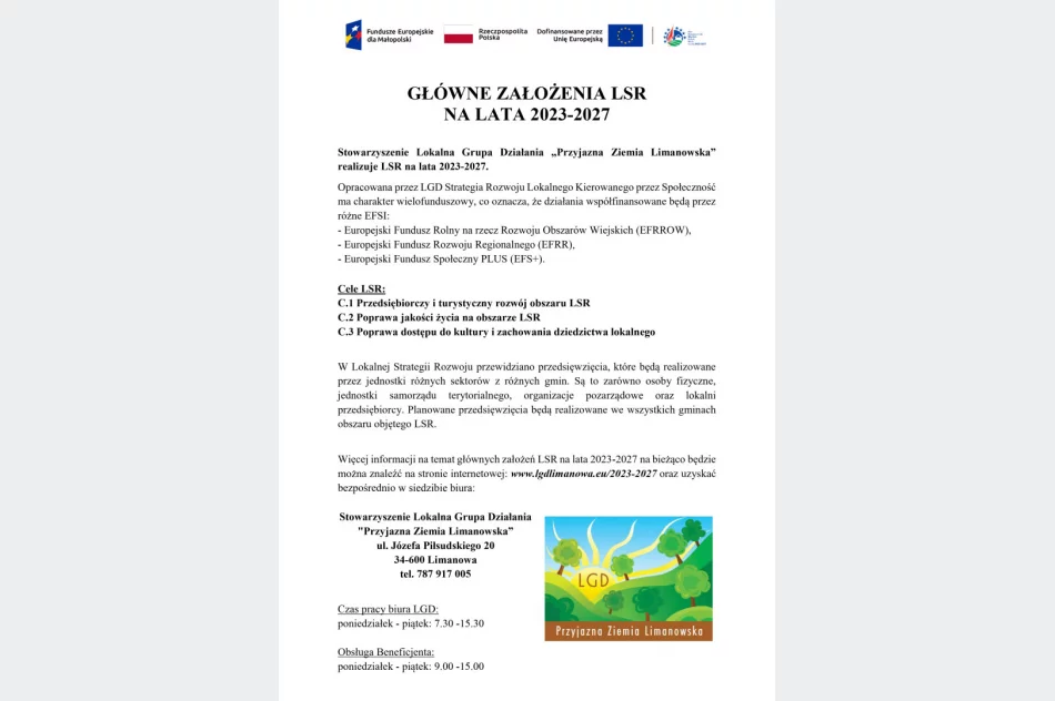 GŁÓWNE ZAŁOŻENIA LSR na lata 2023-2027 - LGD ,,Przyjazna Ziemia Limanowska" - zdjęcie 2