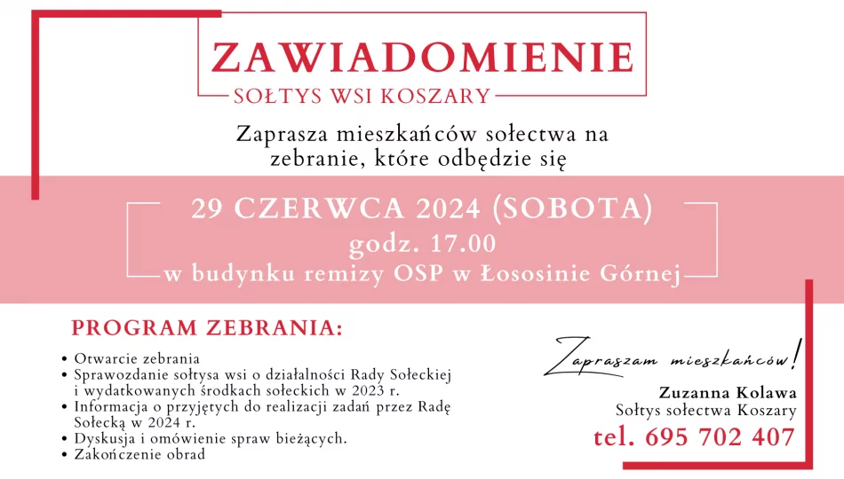 Zawiadomienie o zebraniu wiejskim w miejscowości Koszary - 29 czerwca - zdjęcie 1