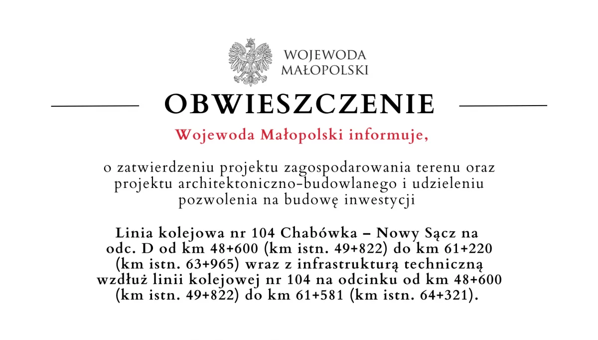 Informacja o zatwierdzeniu projektów i udzieleniu pozwolenia na budowę nowej linii kolejowej