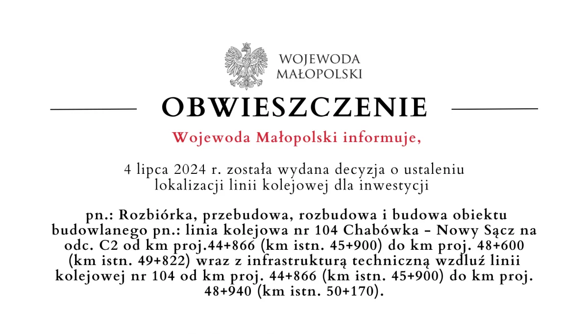 Obwieszczenie Wojewody Małopolskiego o linii kolejowej nr 104 Chabówka - Nowy Sącz