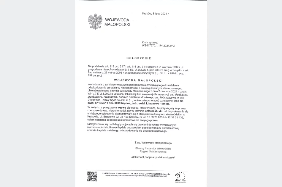 Wojewoda Małopolski zawiadamia o zamiarze wszczęciu postępowania do ustalenia odszkodowania - zdjęcie 2