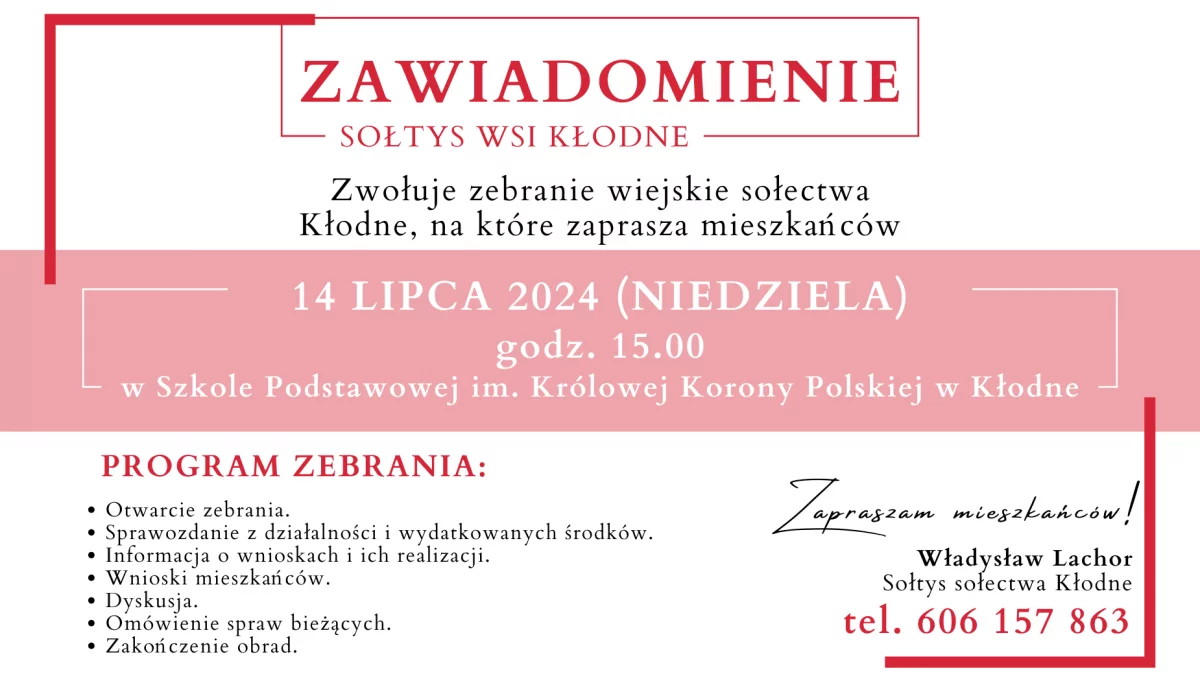 Zaproszenie na zebranie wiejskie w Kłodnem dnia 14 lipca