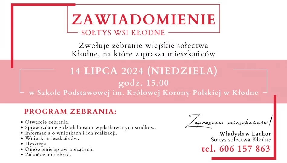 Zaproszenie na zebranie wiejskie w Kłodnem dnia 14 lipca - zdjęcie 1