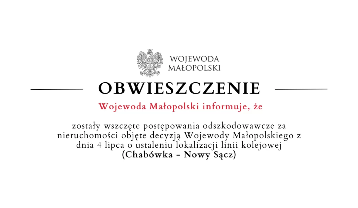 Wojewoda Małopolski informuje o wszczętych postępowaniach odszkodowawczych dla nieruchomości
