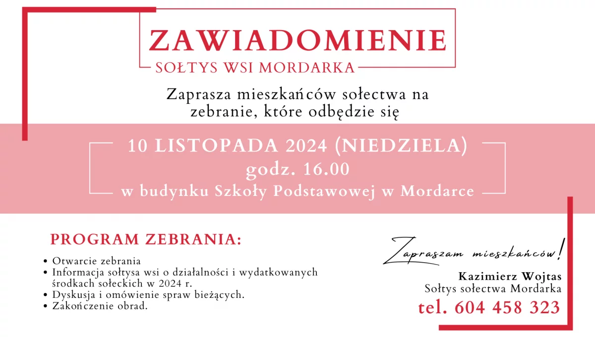 Zaproszenie na zebranie wiejskie w Mordarce dnia 10 listopada