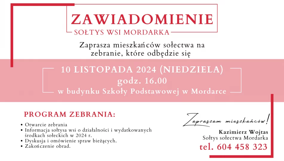 Zaproszenie na zebranie wiejskie w Mordarce dnia 10 listopada - zdjęcie 1