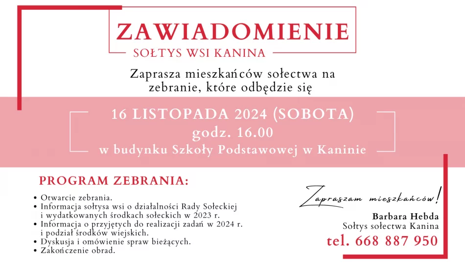Zaproszenie na zebranie wiejskie w Kaninie dnia 16 listopada - zdjęcie 1
