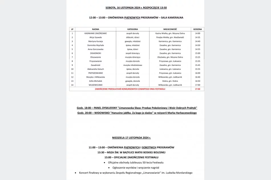 50. Festiwal Folklorystyczny "Limanowska Słaza" - program występów - zdjęcie 5