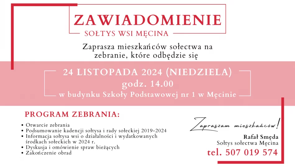 Zaproszenie na zebranie wiejskie w Męcinie dnia 24 listopada - zdjęcie 1