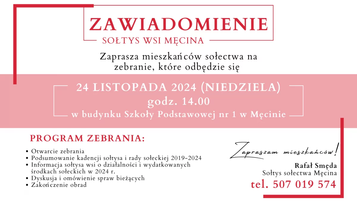Zaproszenie na zebranie wiejskie w Męcinie dnia 24 listopada