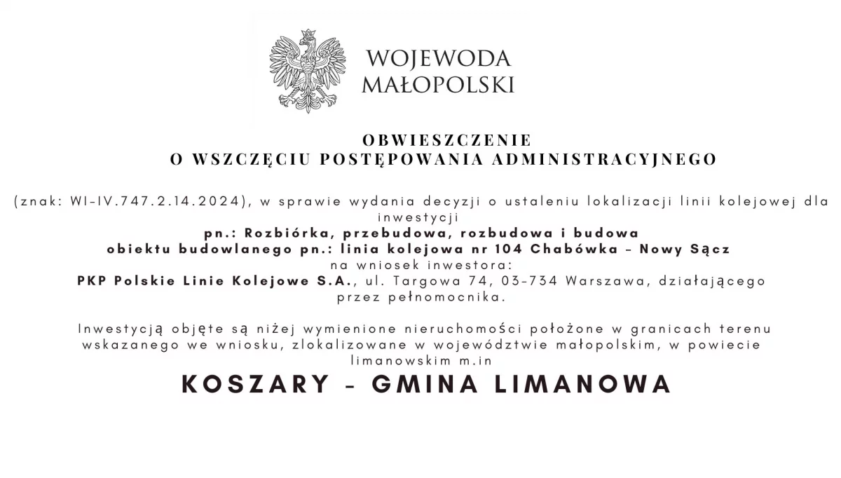 Obwieszczenie o wszczęciu postępowania ws. wydania decyzji o ustaleniu lokalizacji linii kolejowej - KOSZARY gmina Limanowa