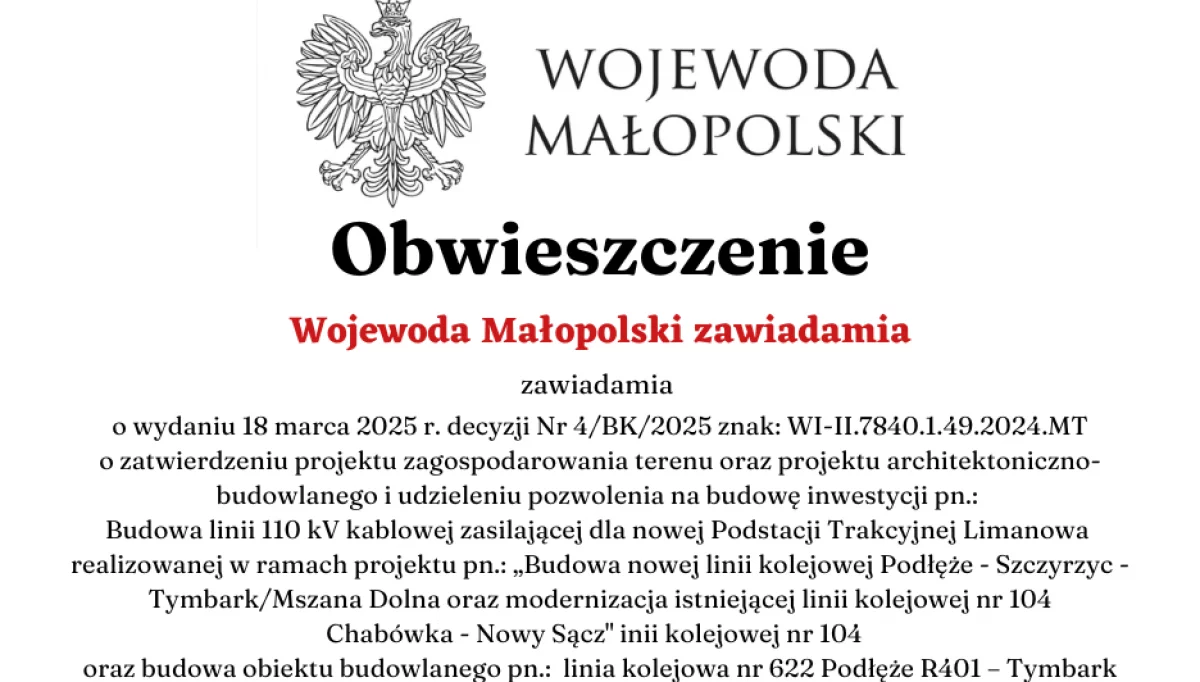 Obwieszczenie Wojewody Małopolskiego z dnia 18 marca 2025 r.