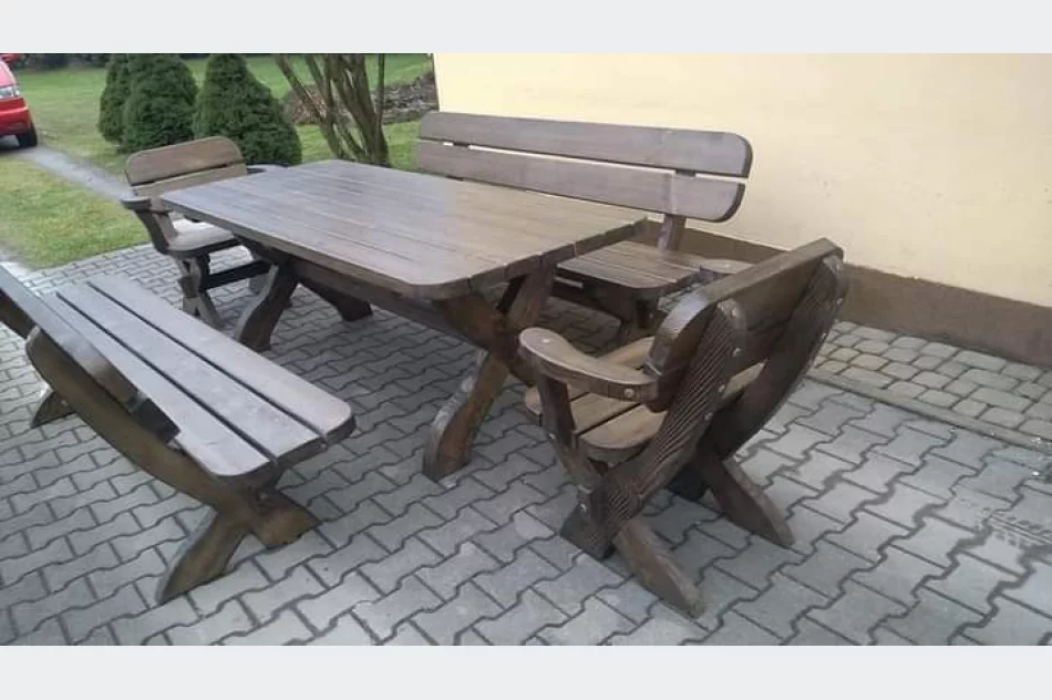 Stół ogrodowy meble drewniane zestaw 2 ławy 2 fotele - zdjęcie 1
