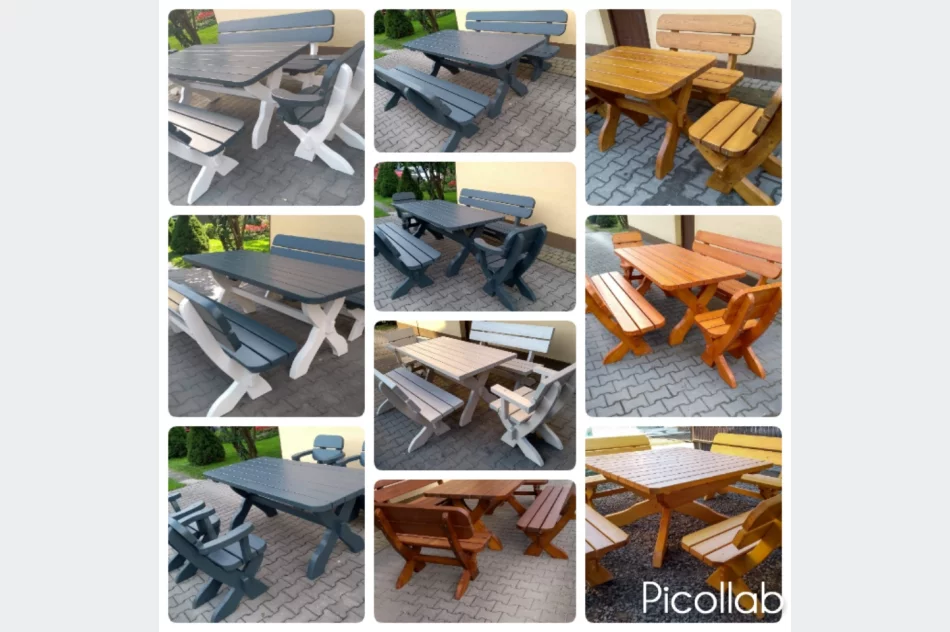 Stół ogrodowy meble drewniane zestaw 2 ławy 2 fotele - zdjęcie 2