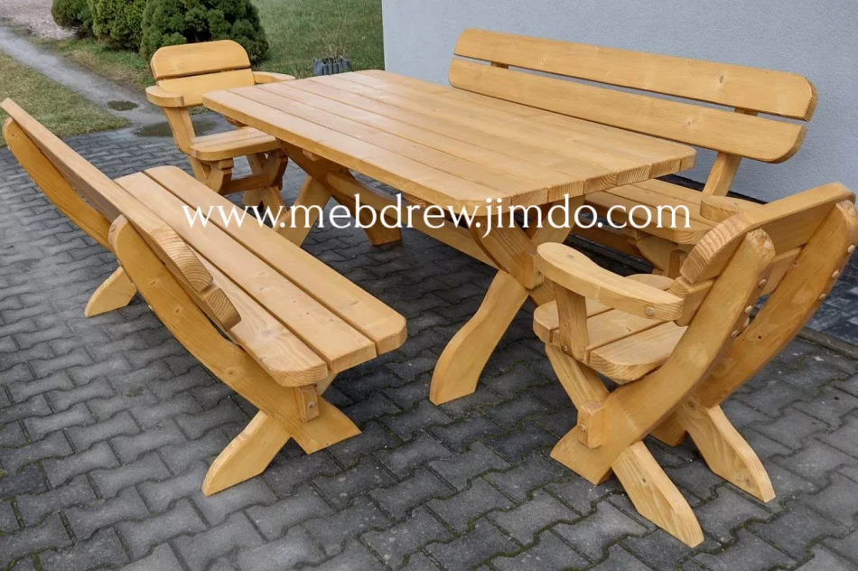 Stół ogrodowy meble drewniane zestaw 2 ławy 2 fotele - zdjęcie 3