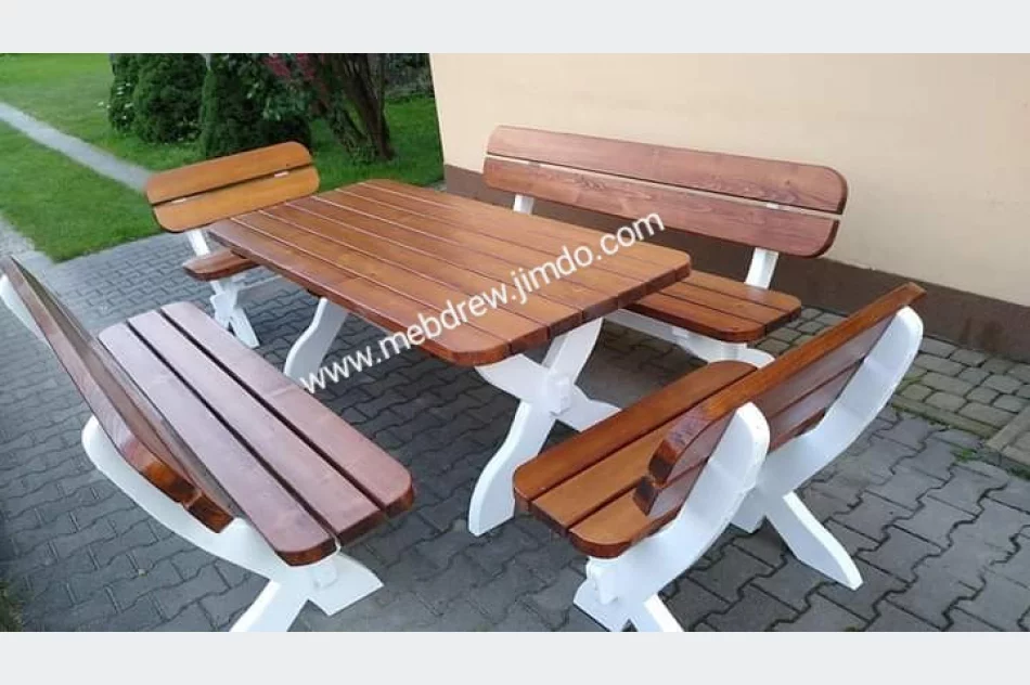 Stół ogrodowy meble drewniane zestaw 2 ławy 2 fotele - zdjęcie 4