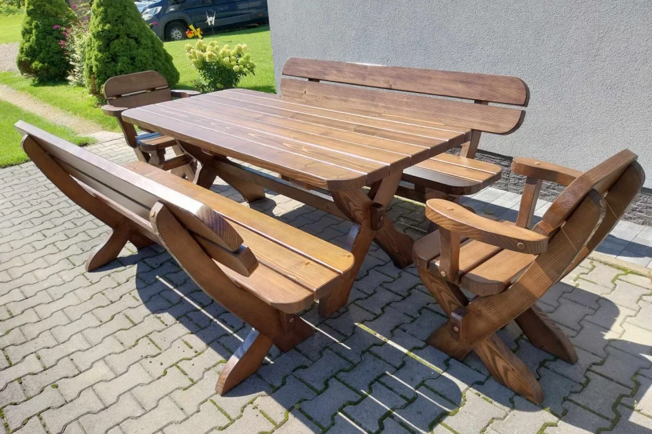 Meble drewniane ogrodowe stół 2 ławki 2 fotele - zdjęcie 2