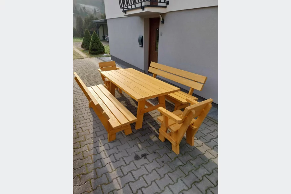 Meble drewniane ogrodowe stół 2 ławki 2 fotele - zdjęcie 4
