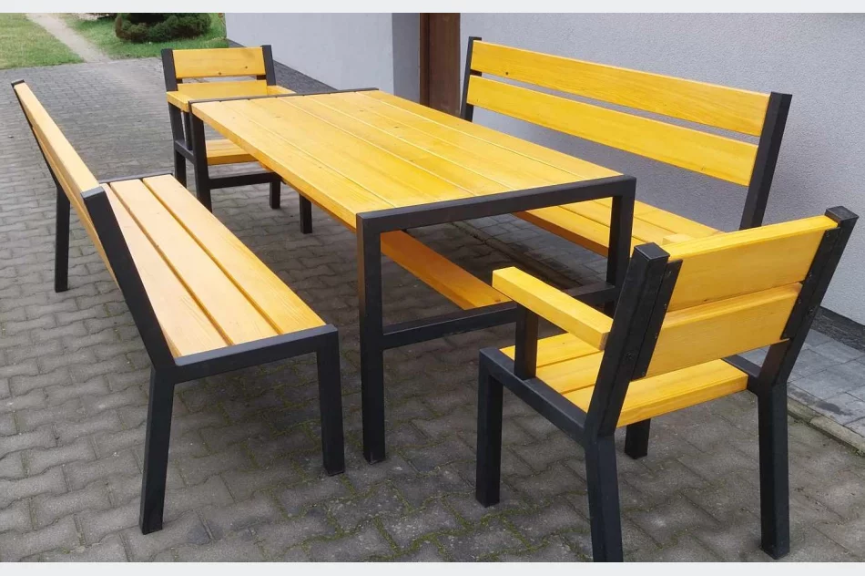 Zestaw mebli metalowych + drewnianych ogrodowych loft stół ławki foteleb - zdjęcie 1