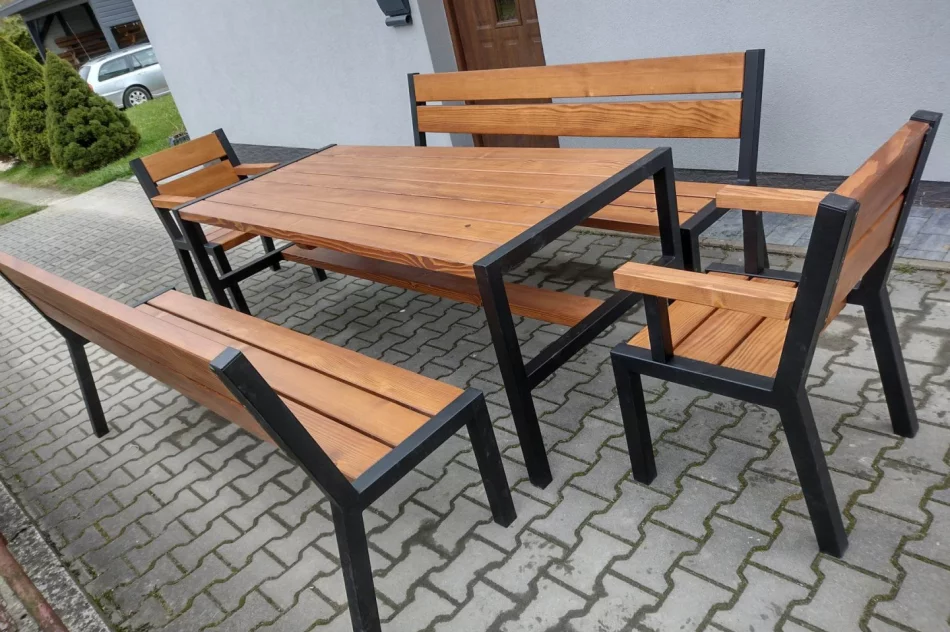 Zestaw mebli metalowych + drewnianych ogrodowych loft stół ławki foteleb - zdjęcie 2