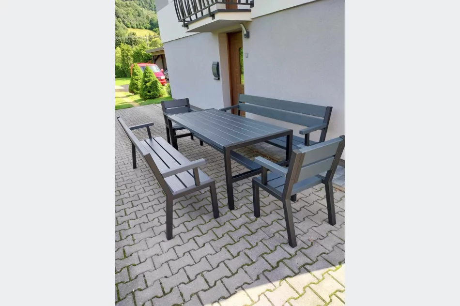 Zestaw mebli metalowych + drewnianych ogrodowych loft stół ławki foteleb - zdjęcie 3