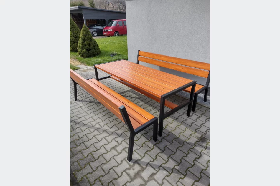 Zestaw mebli metalowych + drewnianych ogrodowych loft stół ławki foteleb - zdjęcie 4