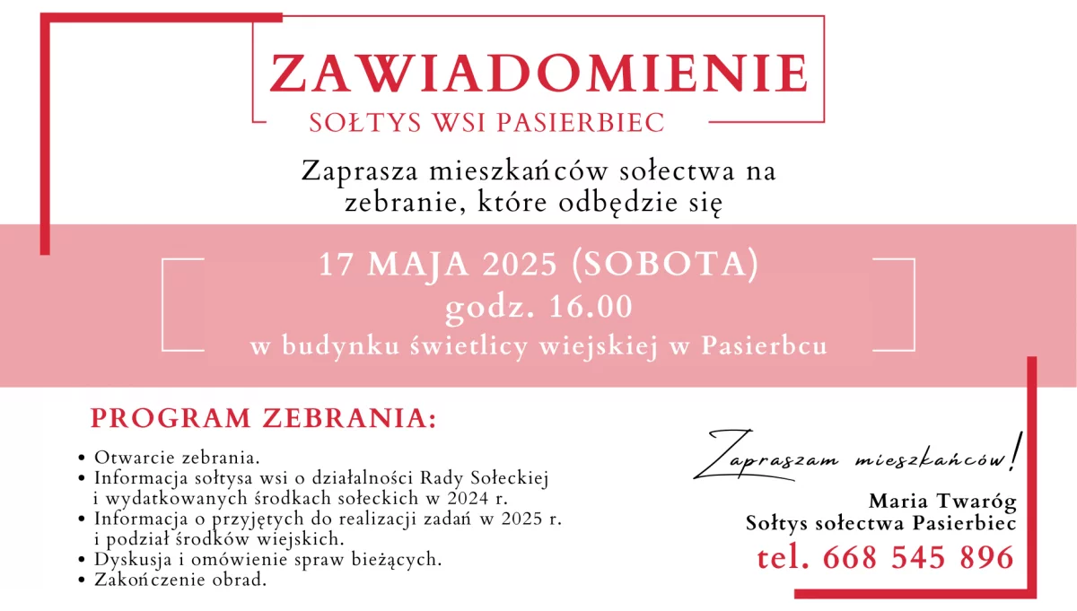 Zaproszenie na zebranie wiejskie w Pasierbcu dnia 17 maja