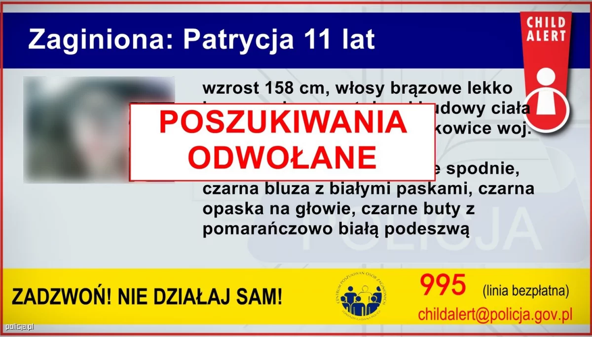 11-letnia Patrycja odnaleziona - odwołano Child Alert