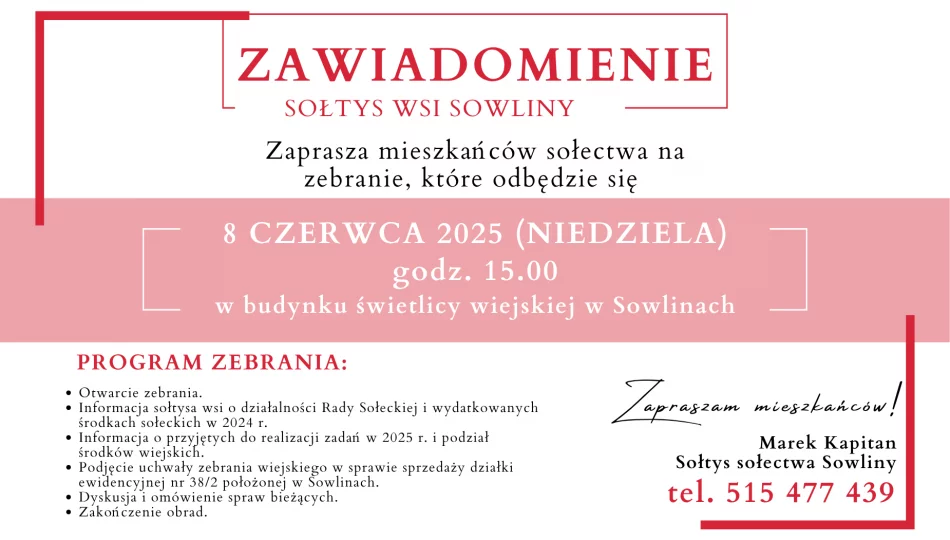 Zaproszenie na zebranie wiejskie w Sowlinach dnia 8 czerwca - zdjęcie 1