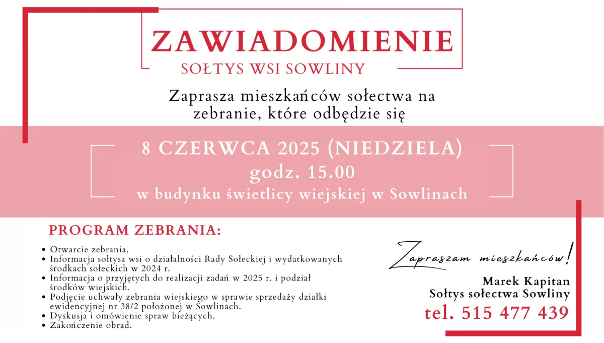 Zaproszenie na zebranie wiejskie w Sowlinach dnia 8 czerwca