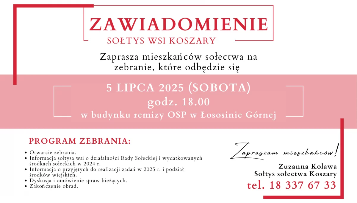 Zaproszenie na zebranie wiejskie w Koszarach dnia 5 lipca