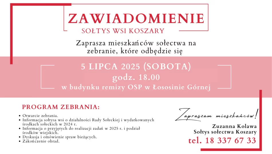 Zaproszenie na zebranie wiejskie w Koszarach dnia 5 lipca - zdjęcie 1