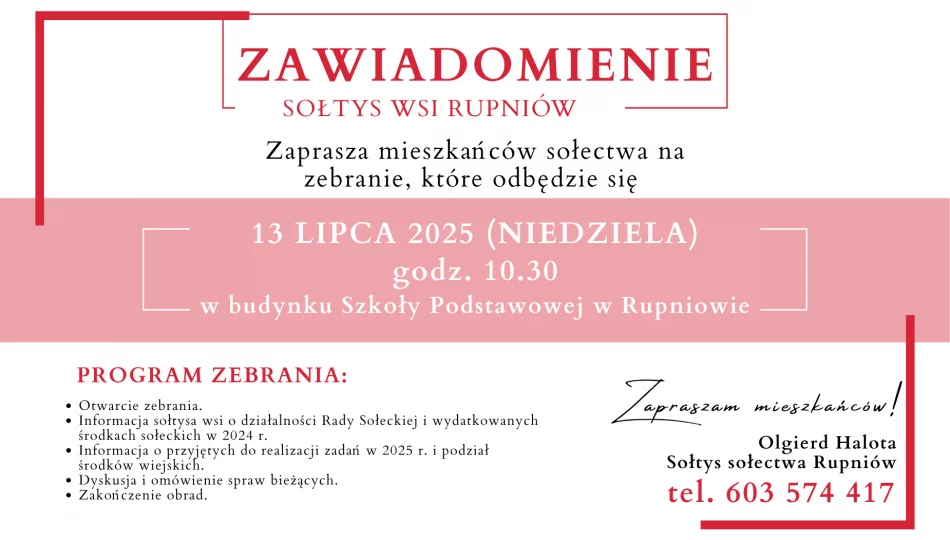 Zaproszenie na zebranie wiejskie w Rupniowie dnia 13 lipca - zdjęcie 1