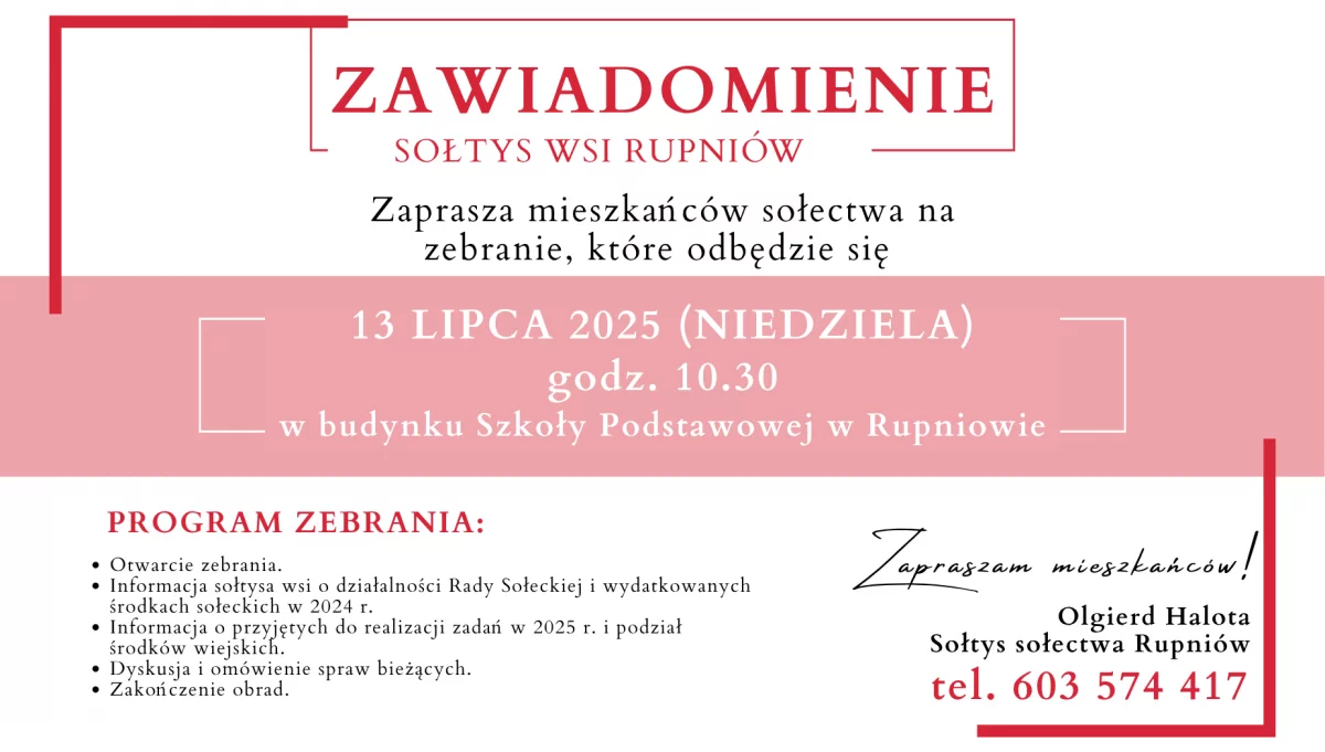Zaproszenie na zebranie wiejskie w Rupniowie dnia 13 lipca