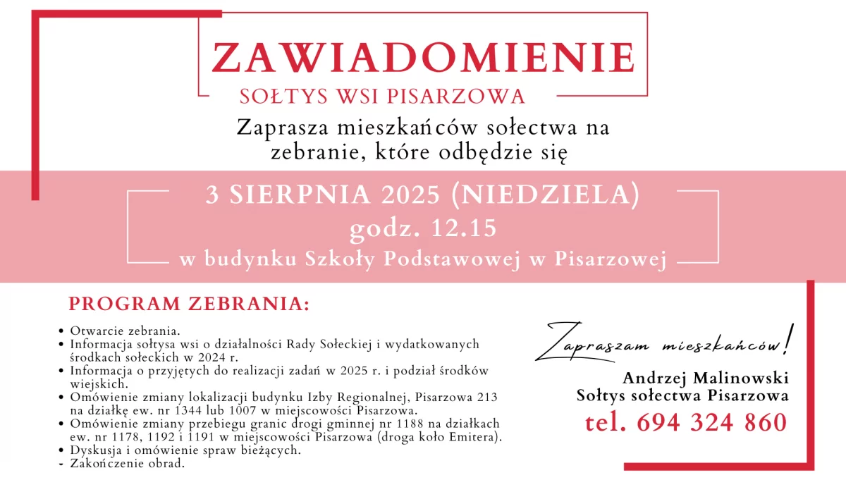 Zaproszenie na zebranie wiejskie w Pisarzowej dnia 3 sierpnia