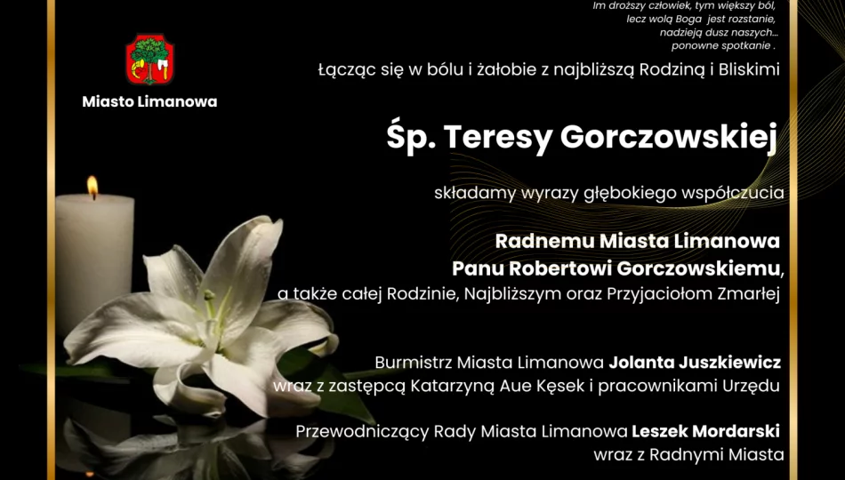 Wyrazy współczucia dla Radnego Roberta Gorczowskiego, Rodziny i Bliskich Śp. Teresy Gorczowskiej - zdjęcie 1
