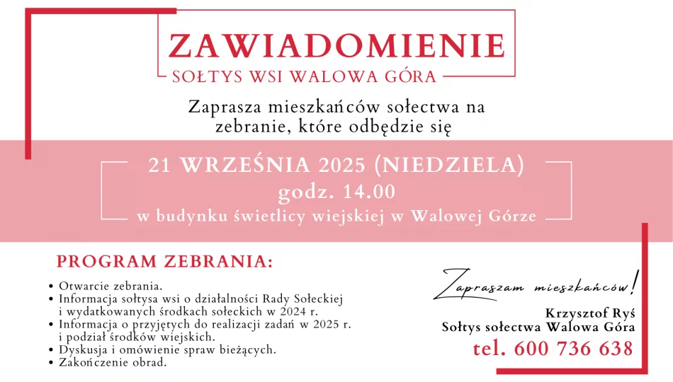 Zaproszenie na zebranie wiejskie w Walowej Górze dnia 21 września - zdjęcie 1