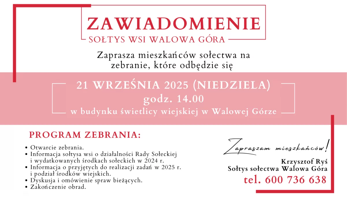 Zaproszenie na zebranie wiejskie w Walowej Górze dnia 21 września