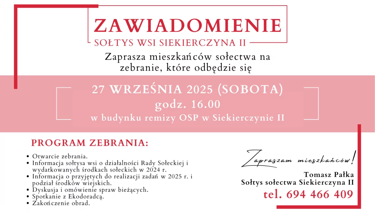 Zaproszenie na zebranie wiejskie w Siekierczynie II dnia 27 września