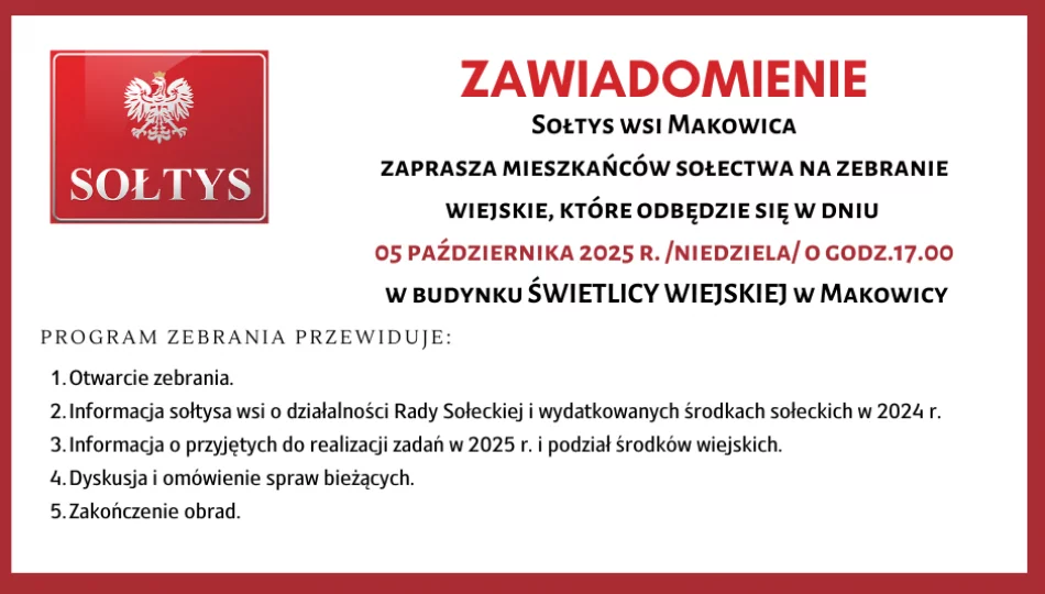 Zaproszenie na zebranie wiejskie w Makowicy 5 października 2025 - zdjęcie 1