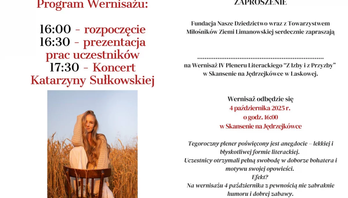 Zaproszenie na Wernisaż IV Pleneru Literackiego „Z Izby i z Przyzby” z udziałem limanowianki Katarzyny Sułkowskiej