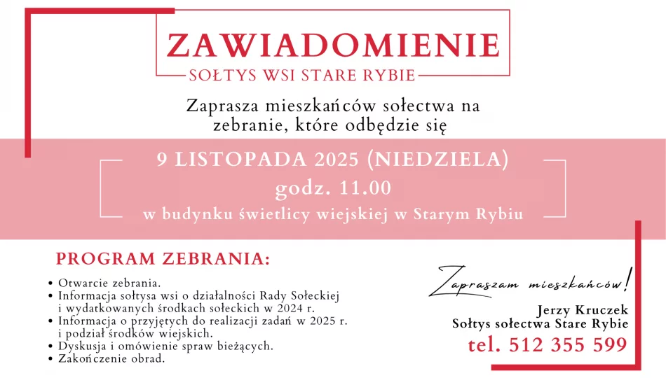 Zaproszenie na zebranie wiejskie w Starym Rybiu dnia 9 listopada - zdjęcie 1