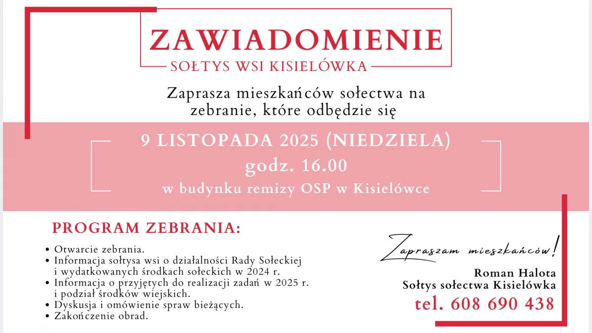 Zaproszenie na zebranie wiejskie w Kisielówce dnia 9 listopada
