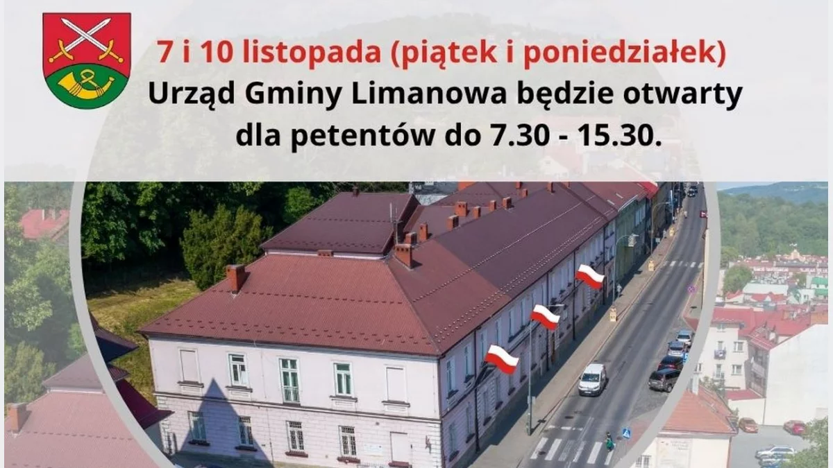 Urząd Gminy Limanowa czynny 7 i 10 listopada