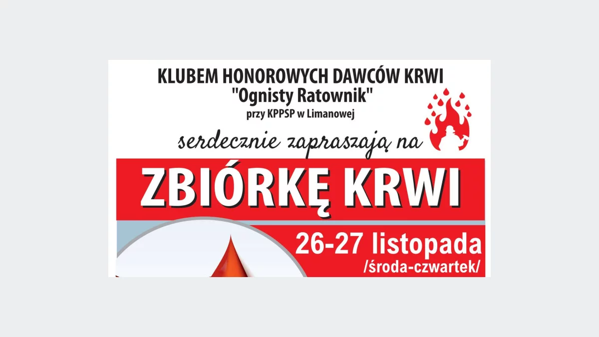 26 i 27 listopada OSP Limanowa zaprasza na zbiórkę krwi