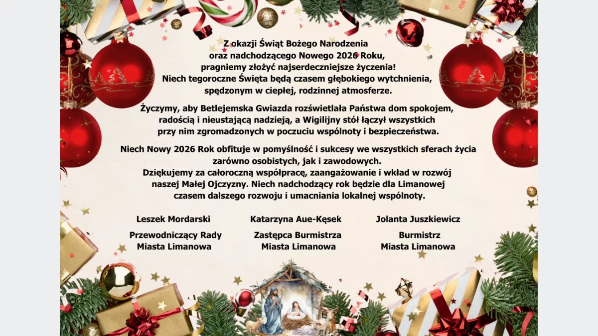 Życzenia świąteczno-noworoczne od władz Miasta Limanowa