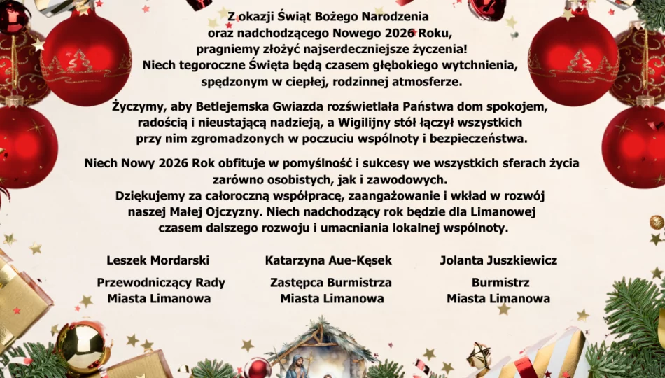 Życzenia świąteczno-noworoczne od władz Miasta Limanowa - zdjęcie 1