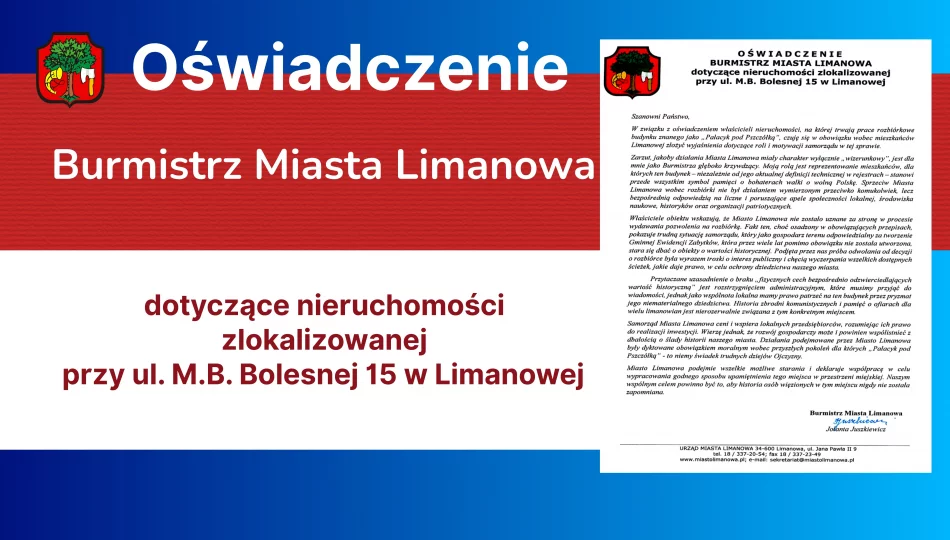 Oświadczenie Burmistrz Miasta Limanowa dotyczące nieruchomości zlokalizowanej przy ul. M.B. Bolesnej 15 w Limanowej - zdjęcie 1
