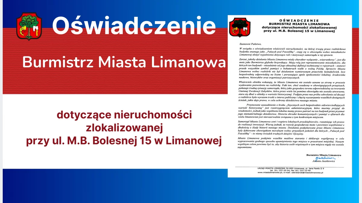 Oświadczenie Burmistrz Miasta Limanowa dotyczące nieruchomości zlokalizowanej przy ul. M.B. Bolesnej 15 w Limanowej